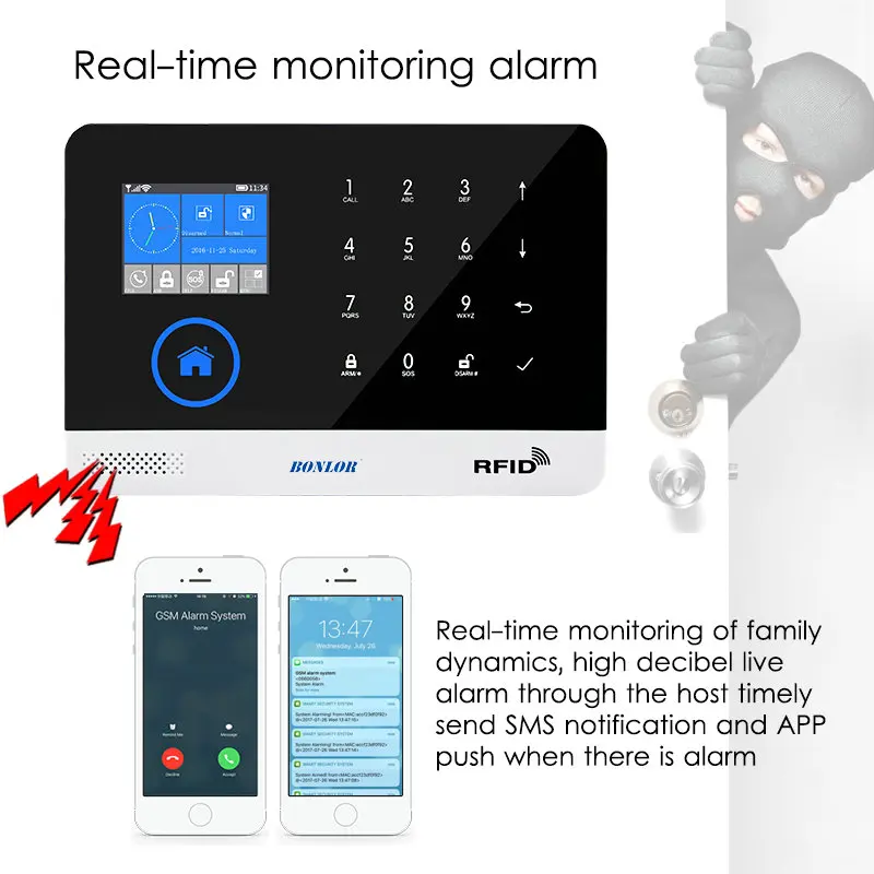 BONLOR NL RU ES PL DE Schakelbare Draadloze Домашняя безопасность Wi-Fi GSM GPRS alarmsesteem приложение Afstandsbediening rfid-kaart Arm Ontw