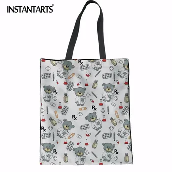 

INSTANTARTS Fashion Women Canvas Shopping Bag Nurse Bear Pattern Linen tote Bag for Girls Ladies Durable Cloth Pouch Handbags