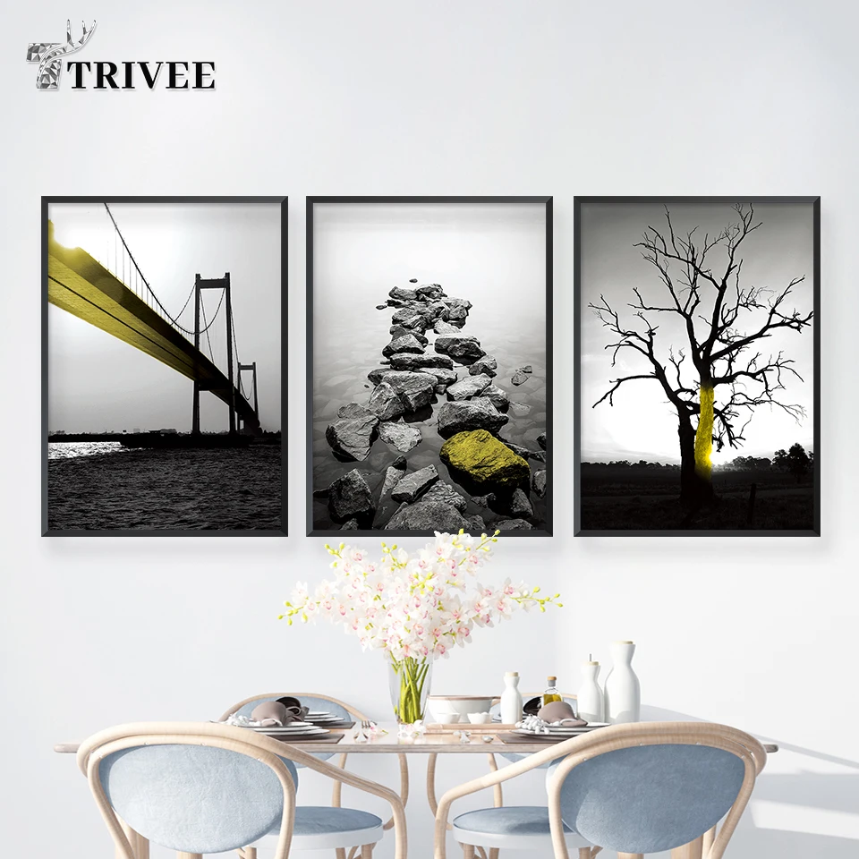 

Nordic Modern Print Canvas River Landscape Bridge Stone Tree Home Decoration Wall Picture Print Canvas Art Painting No Frame