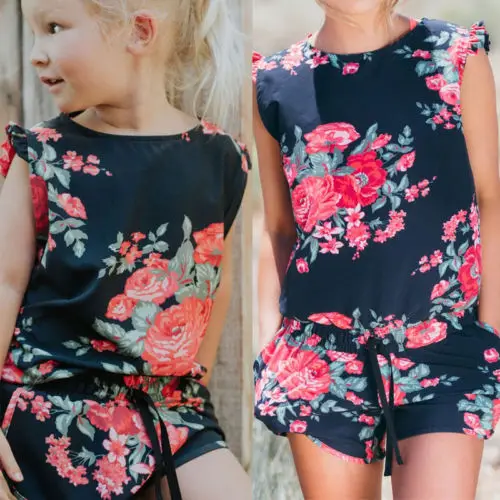 2018 mutter Und Tochter Passenden Mama Strampler Kleidung Mädchen Bluse Hot Pant Set Overall Familie Outfits Blumendruck Playsuits