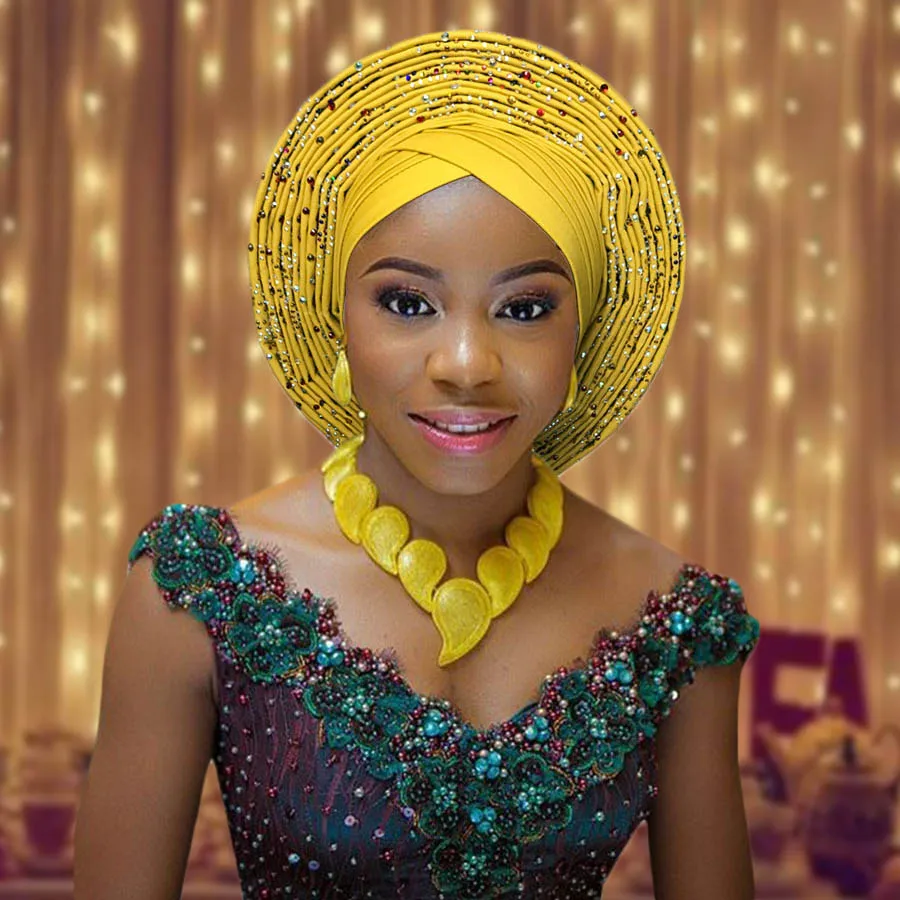 2018 New african aso oke cotton headtie nigerian gele headtie already made auto hele turban cap aso ebi big brim gele  (13)
