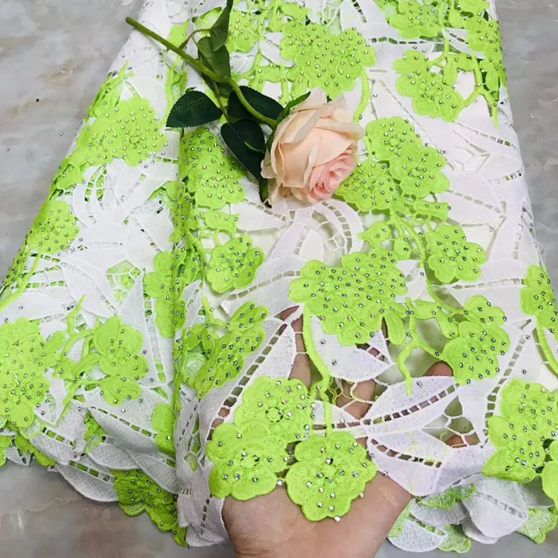 

Nigerian lace fabrics 2019 white lemon green guipure cord Lace broderie Africain suisse Embroidery Fabric 5 yards for women