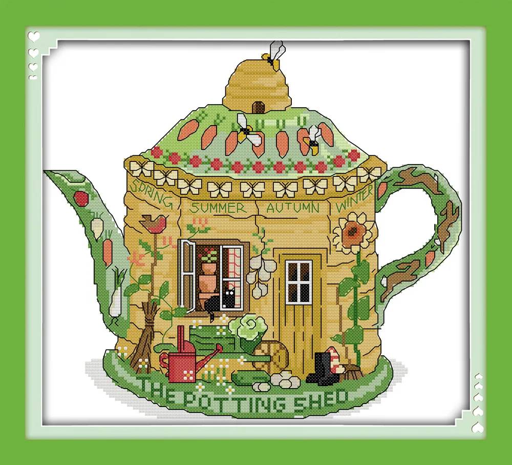 

New arrival Garden teapot DMC Counted Chinese Cross Stitch Kits printed Cross-stitch set Embroidery Needlework