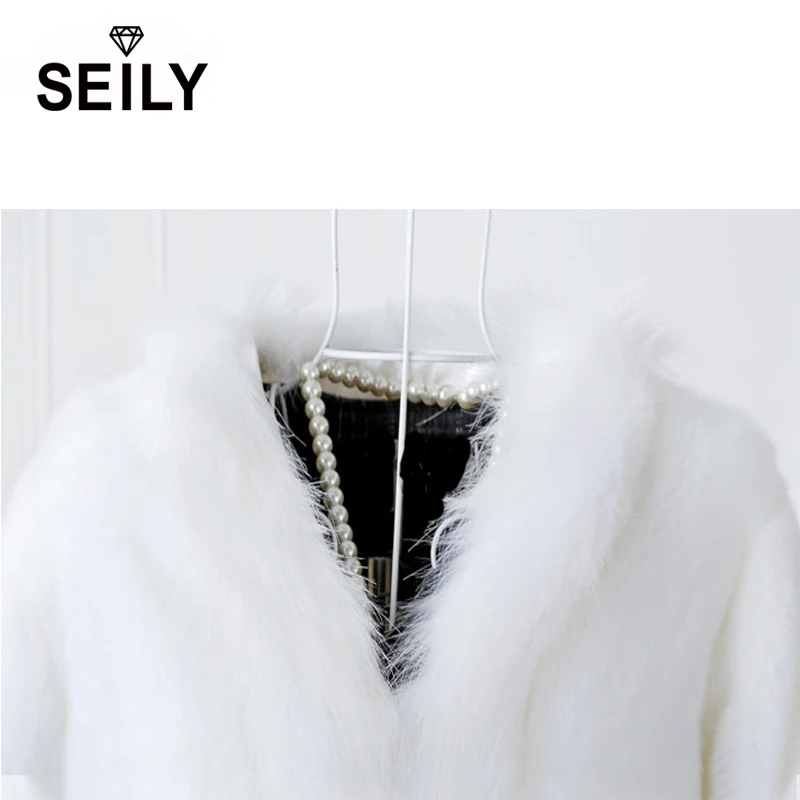 Seily Winter Luxury White Faux Arctic Fox Fur Fluffy Jacket With Fake Rabbit Collar Trim Furry Cape Coat Women Party Bride Cloak