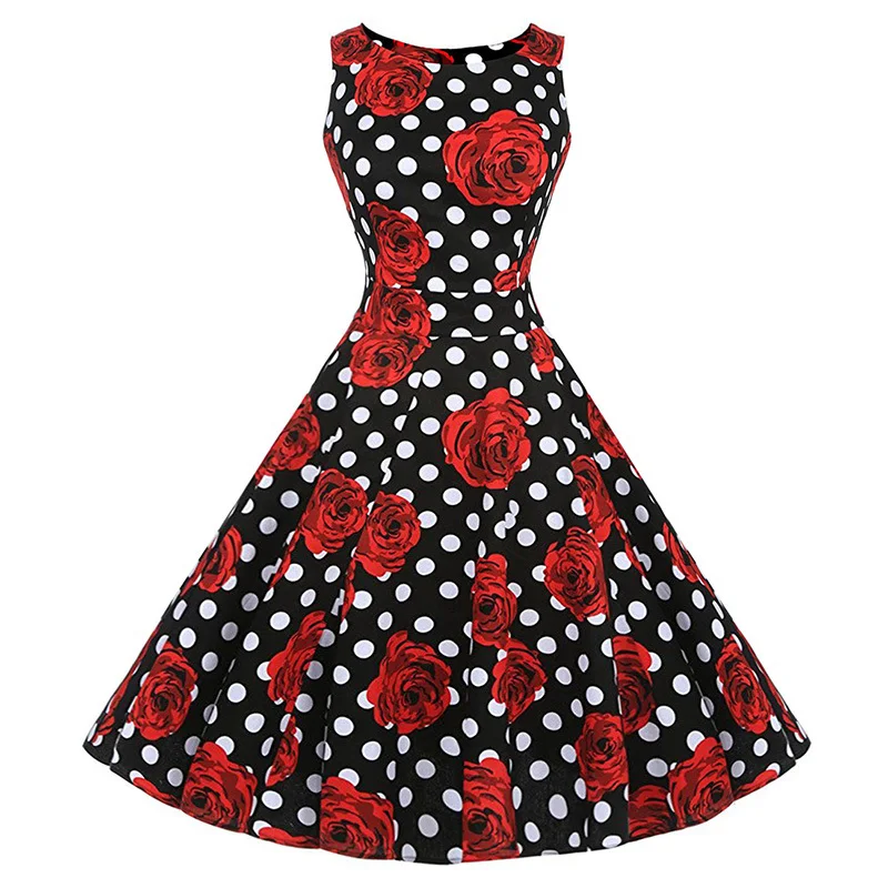 Kostlish Cotton Summer Dress Women 2017 Sleeveless Tunic 50s Vintage Dress Belt Elegant Print Rockabilly Party Dresses Sundress (91)