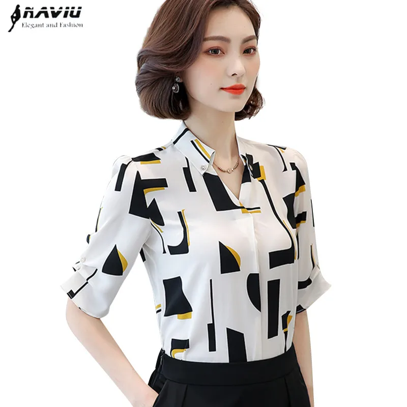 

Elegant women chiffon short sleeve shirt summer 2019 New fashion printing V Neck blouses office ladies plus size tops