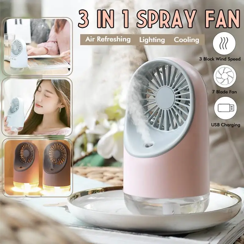 

NEW 3 In 1 Portable Table Fan 2000 mAh Battery Fan Air Humidifier 200ml USB Essential Oil Diffuser with Night Light