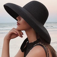 HT2303 2023 New Summer Sun Hats Ladies Solid Plain Elegant Wide Brim Hat Female Round Top Panama Floppy Straw Beach Hat Women