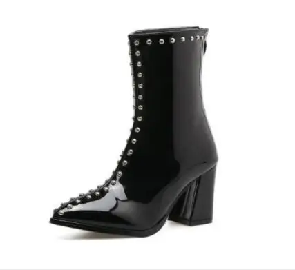 

Winter new patent leather rivet thick with high heel pointed motorcycle boots booties
