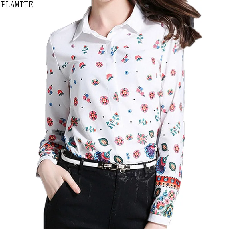 PLAMTEE Vintage flores impreso mujer de mujer 2018 Vogue Camisas manga larga de las mujeres giro-abajo Collar de Tops Plus tamaño blusas - AliExpress Ropa de