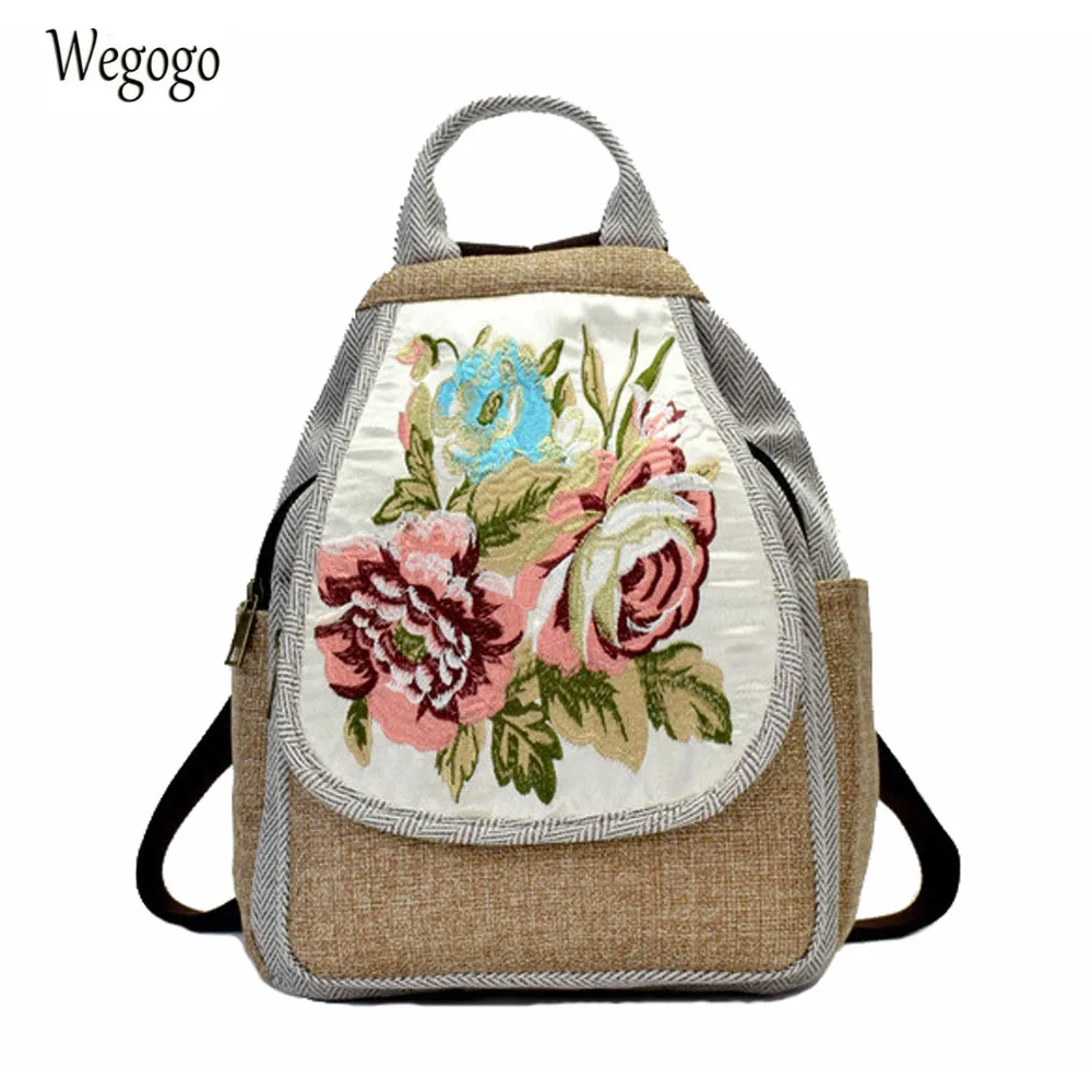 Women National Backpack Floral Embroidered Backpackc Canvas Shoulder