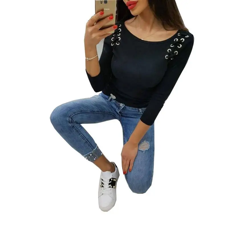 Strappy Women T Shirts Slim Long Sleeve Solid Casual O Neck Womens T