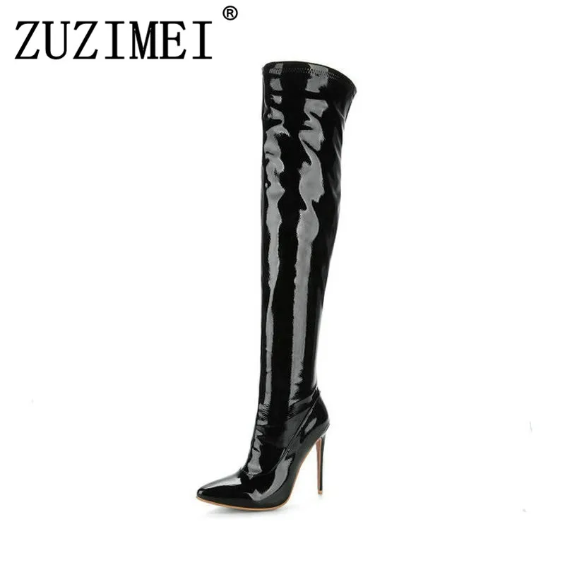 

The New Sexy Thin High Heel With Side Zipper Thigh Boots Fashion Pointed Toe Warm Women Shoes Black White Red