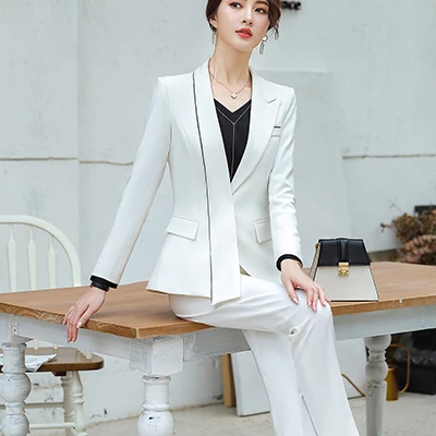 Женский черно-белый брючный костюм, зимний S-5XL, Модный китайский стиль для отеля, для работы в самолете, женский костюм, комплект из блейзера и штанов - Color: White Pant Suits