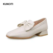 Женские туфли на плоской подошве с бантом; слипоны; бежевые кожаные лоферы; женская мягкая обувь с квадратным носком; новые дизайнерские туфли-оксфорды; F979