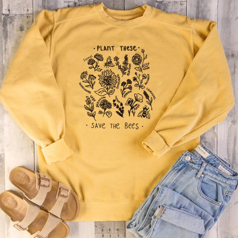 Растение этих цветов сохранить пчелы лозунг Толстовка Эстетическая уличная одежда Графический Женский джемпер для девочек Tumblr пуловер Прямая поставка