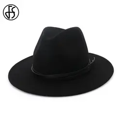 FS черный шерсть фетр широкими полями Fedora шляпа для джентльмена Винтаж церкви шапки для женщин Элегантный джазовый Топ кепки с кожаным