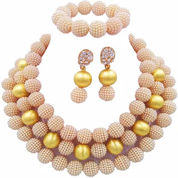 

Fashion Beige Simulated Pearl Necklace Nigerian Wedding African Beads Jewelry Set for Women 3ZJL01
