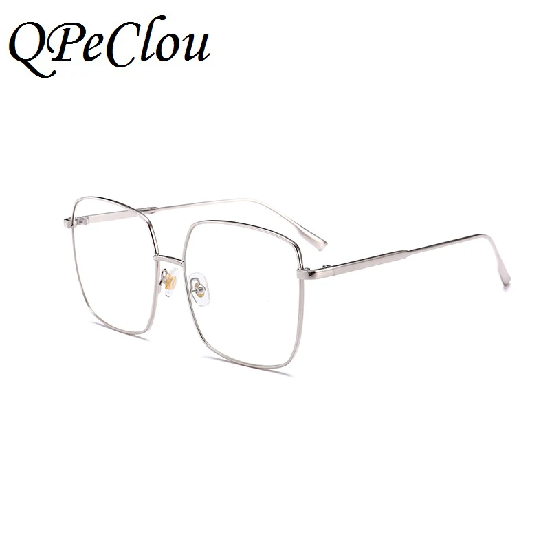 QPeClou винтажные квадратные очки, оправа для женщин, брендовая дизайнерская большая оправа для очков, женские прозрачные линзы, очки унисекс - Цвет оправы: Silver0387