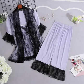 

Women Pajamas 3 Pieces Sets Pyjama Summer Satin Sleepwear Faux Silk HomeWear Sleep Lounge Pyjamas For Women