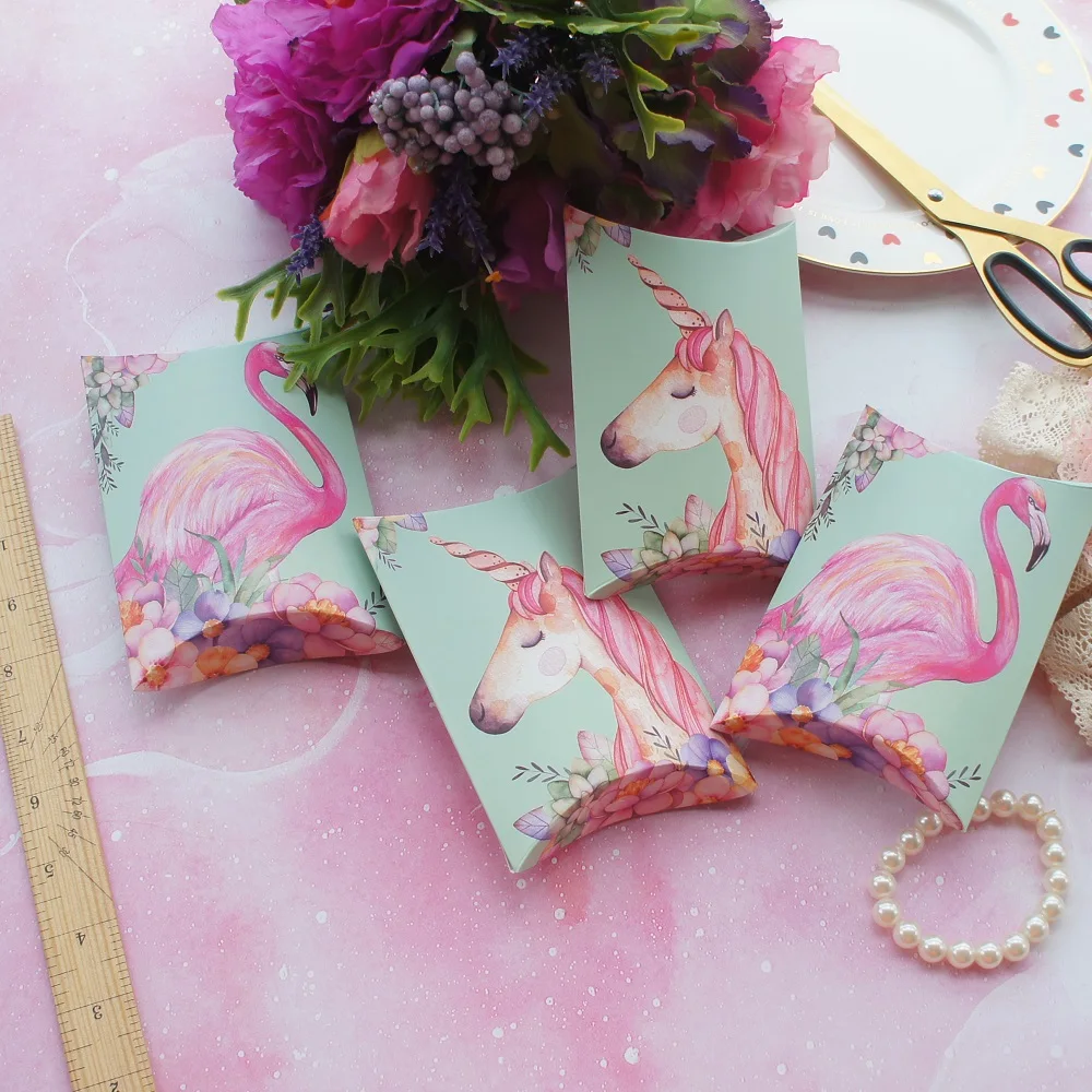 

10pcs Mint Green Pink Unicorn Flamingo Candy Box Small Gift Cookie Sweet Packaging Wedding Favors Baby Shower Birthday DIY Use
