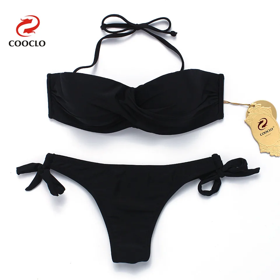 COOCLO Solid Color Sexy Bikini 2019 Women Swimwear Halter Push up Gathered Bikinis Brazilian Bottom Beach Wear Swimsuit Biquinis