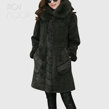 

Green grey natural sheep shearing leather long coat winter women real fox fur hooded outwear mink fur pockets cuff design LT1897