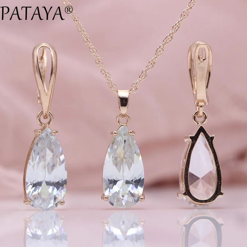 PATAYA New Blue Water Drop Earrings Pendants Necklaces Sets 585 Rose Gold Natural Zircon For Women Fashion Wedding Jewelry Set - Окраска металла: White