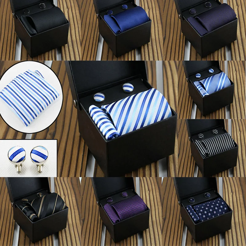 

27colors Fashion Mans Striped Tie 3 Piece Set Gift Box Formal Dress Luxury Tie Set Christmas Gifts for Mengifts for Men