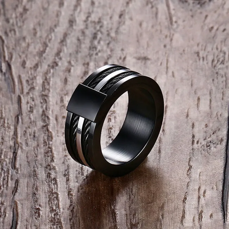 

9MM Men's Stainless Steel Blackplated Double Cable Inlays Ring with Flat Face Two-tone Wedding Band Male Jewelry Anel Aneis