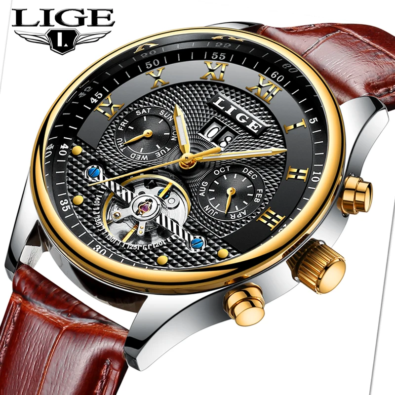 

LIGE Fashion Sport Watch Men Business Leather Clock Mens Watches Brand Luxury Automatic Mechanical Watch Relogio Masculino+box