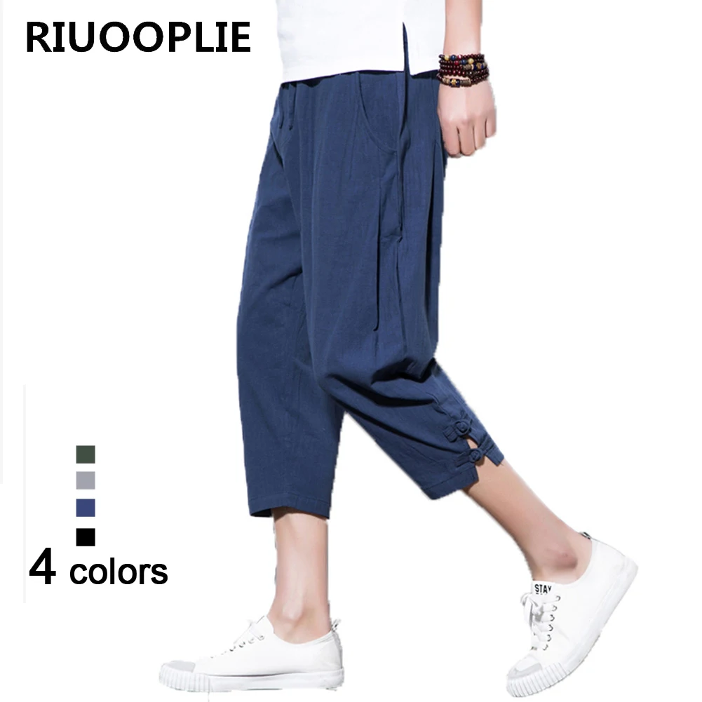 RIUOOPLIE Men Chinese Style Haren Pants Elastic Waist Loose Seven Points Jogger Pants 1