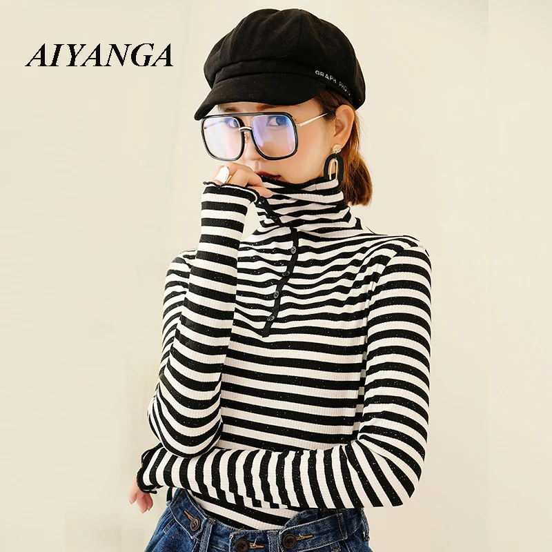 

T shirt Women 2019 Autumn Fashion Striped Female T-Shirt Tops blusa feminina Casual Basic Single-breasted Turtleneck Lady Tees