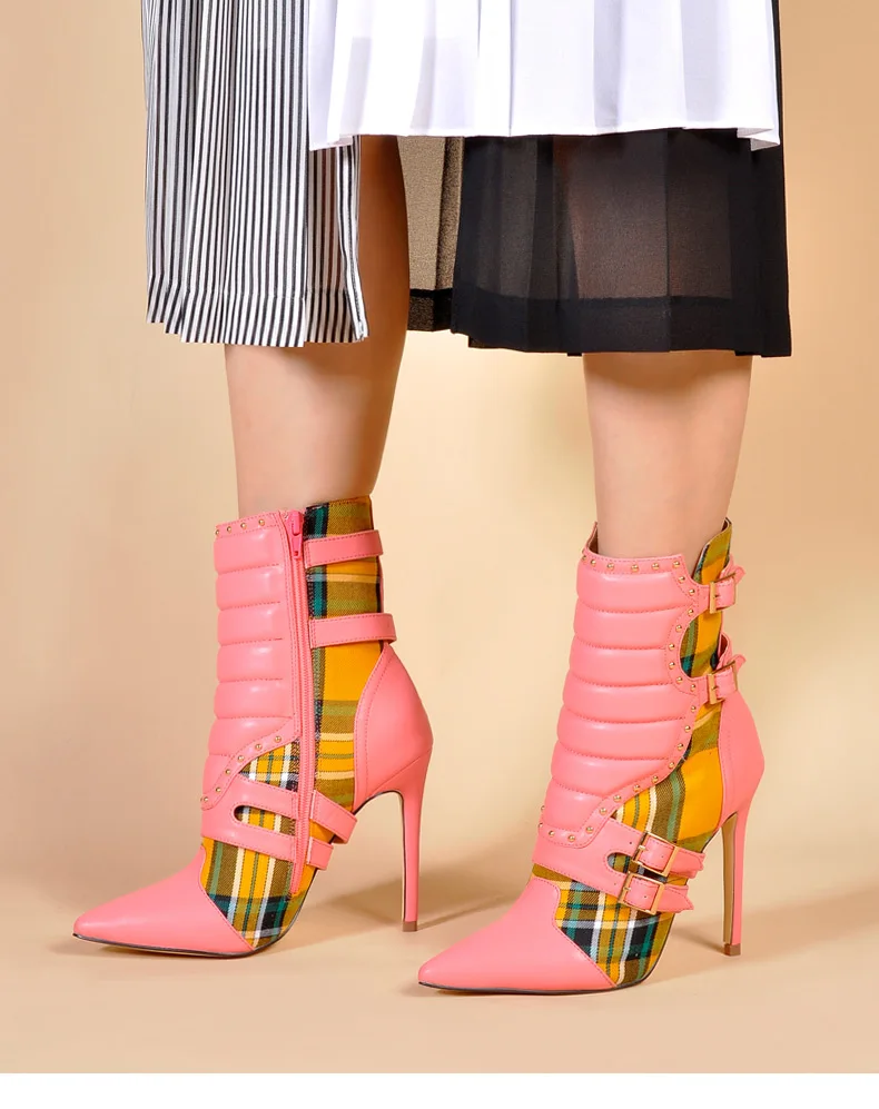 Sinsaut обувь женские ботильоны на высоком каблуке для женские ботинки с острым носом женские красные ботинки в клеточку мотоботы желтый зонтик