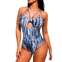 PLUSLAND танкини женский случайность синий галстук краситель печать клетчатый пляжная одежда с бретелью через шею с галстуком и открытой спиной цельный купальник