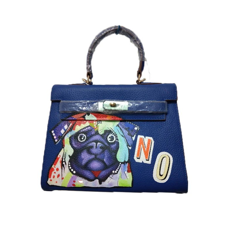 

YCUSTBAG Luxury Handpainted Graffiti Paintings Blue Dog Pattern Gifts Genuine Leather 28CM Gold Hardware Birthday Present