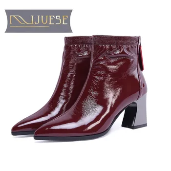 

MLJUESE 2019 women ankle boots patent leather slip on pointed toe wine red color high heels women boots size 33-43