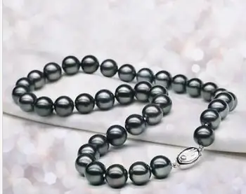 

Jewelry Tahitian round black pearl necklace 18inch 10-11mm 925