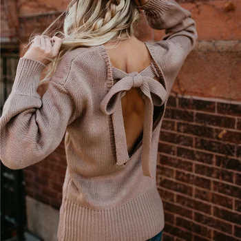 

Fashion Women Sexy Sweater Backless Bow Kawaii Pullover Autumn Winter Long Sleeve O-Neck Knitted Solid Casual Jumper