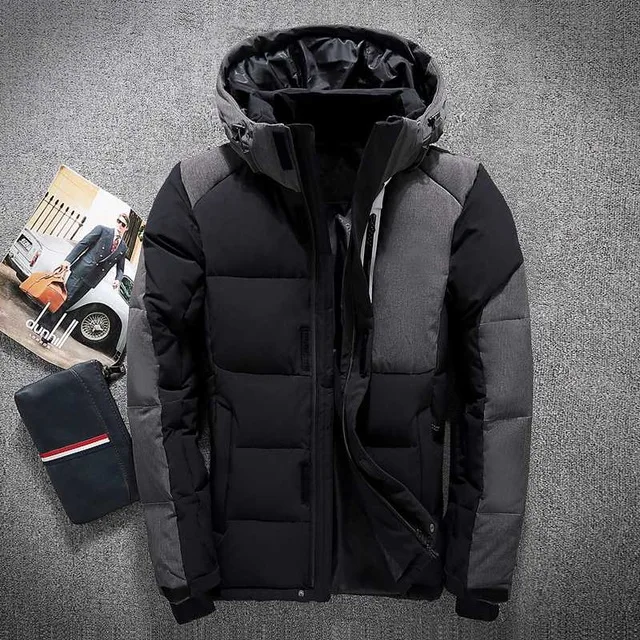 Мужская зимняя куртка, парка на белом утином пуху, высокое качество, зимние пальто с капюшоном, гусиный пух, мужской пуховик, плотное зимнее пальто - Цвет: Черный
