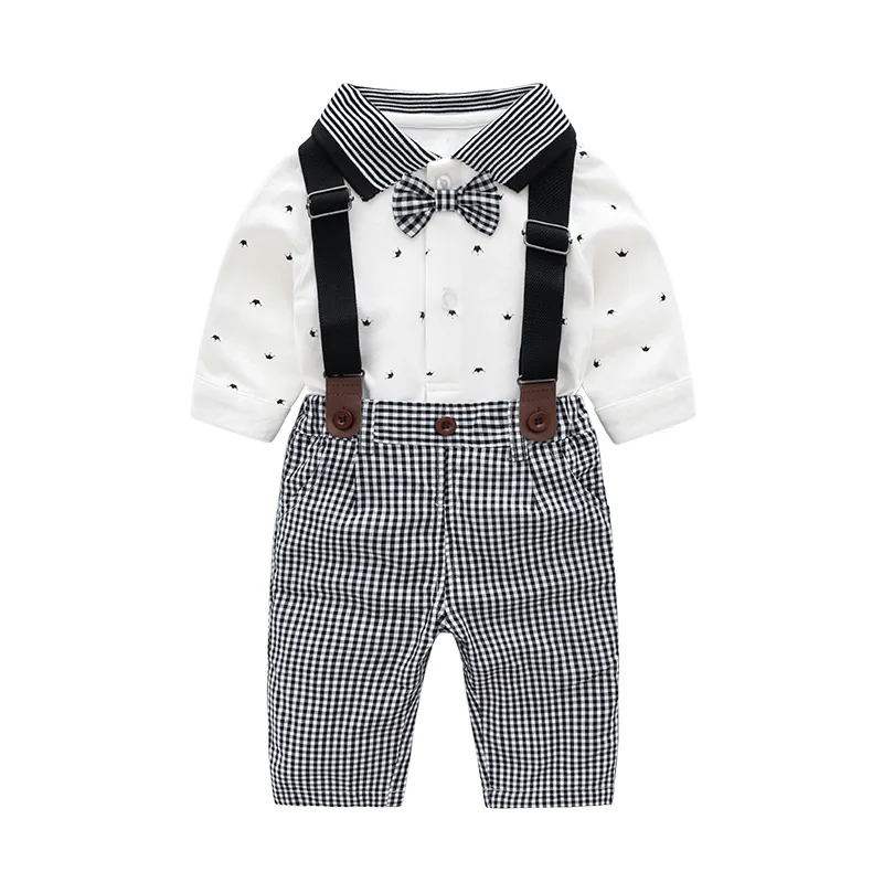 WARMSHOP Boys for 0-4T Gentleman Clothing Set Bowtie Plaid Turn-Down Collar Shirt+Suspenders Shorts Overalls Set