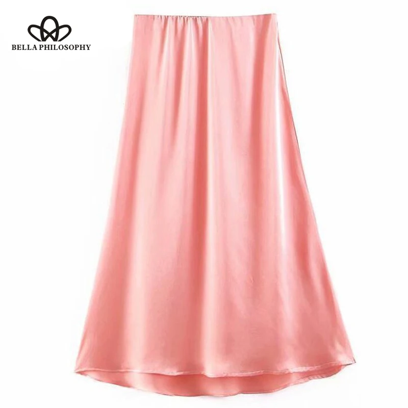 

Bella Philosophy 2019 Ladies Elegant Silk Satin Skirt High Waist Pink A Line Long Skirts Womens Solid Color Bottoms Streetwear