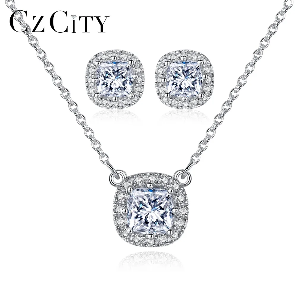 

CZCITY Luxury Clear AAA Cubic Zirconia Square Main Stone S925 Sterling Silver Earrings &Necklaces for Women Wedding Jewelry Sets