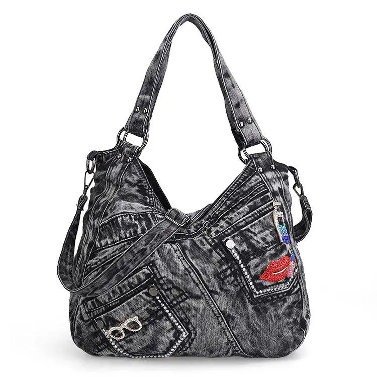 

Women Bag Large Capacity Punk Denim Handbag Korean Fashion Casual Shoulder Messenger Bag Lady Cool Jeans Rivets Tote Bolsas