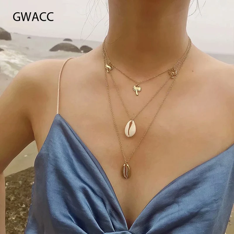 

GWACC Bohemian Layer Shell Collar Choker Necklace for Women Gold Silver Real Shell Conch Tree Pendant Statement Necklace