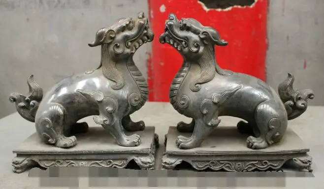 

S05811 FengShui Chinese Pure Bronze Guard Dragon Kylin Unicorn Lion PiXiu Statue pair discount 30% (C0324)