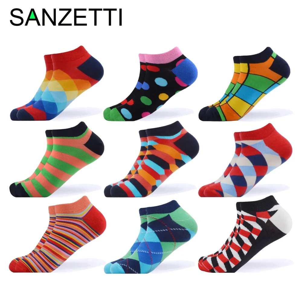 

SANZETTI 9 pairs /lot casual men women 2019 new combed cotton dress ankle socks colorful geometric plaid striped cool boat socks