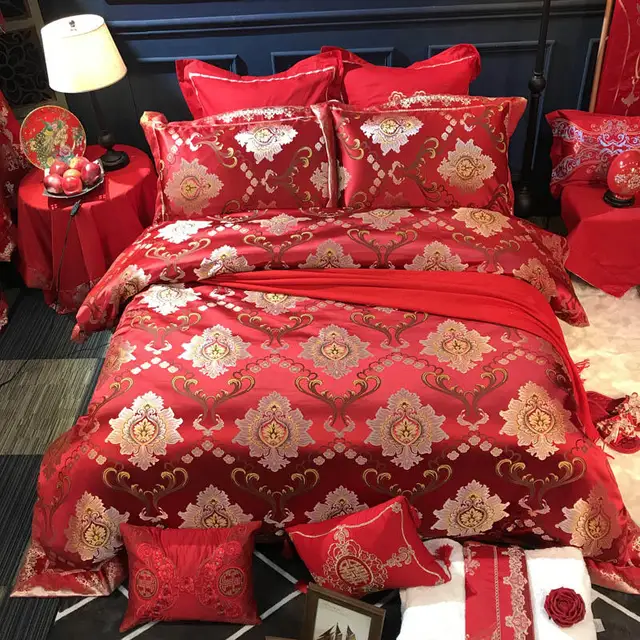 Oriental Silk Satin Red Bedding set Luxury Gold Embroidery Duvet Bed