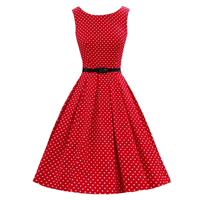 Kostlish 2017 Retro Polka Dot Women Summer Dress O-Neck Sleeveless 50s Vintage Dress With Belt Elegant Party Dresses Plus Size (12)
