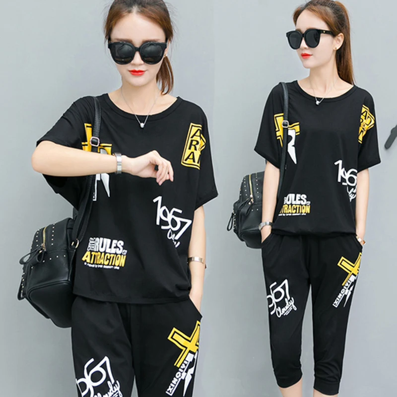 

Summer tracksuit for women runway set sportswear pant suits black casual 2 piece set top and pants plus size 3xl large clothes